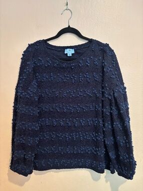 CeCe Navy Blue Pom-Pom Textured Crewneck Sweater with Balloon Sleeves, size XL